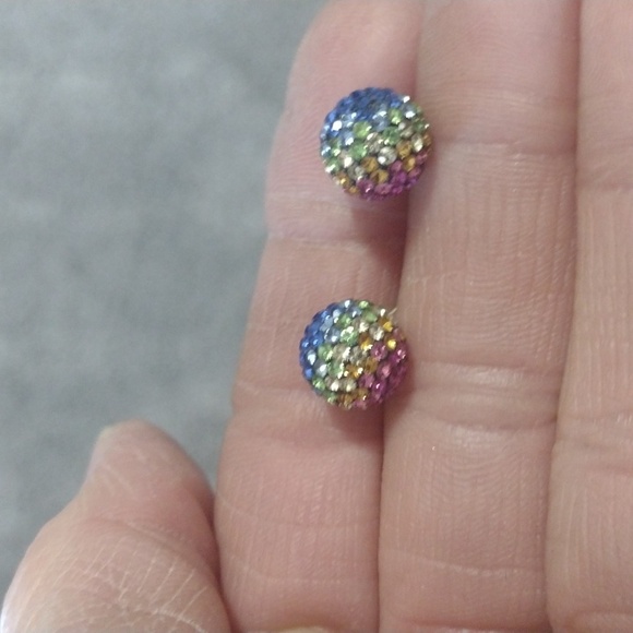 VINTAGE STERLING SILVER .925 MULTICOLOR PAVE CRYSTAL 8MM BALL STUD EARRINGS - Picture 2 of 9